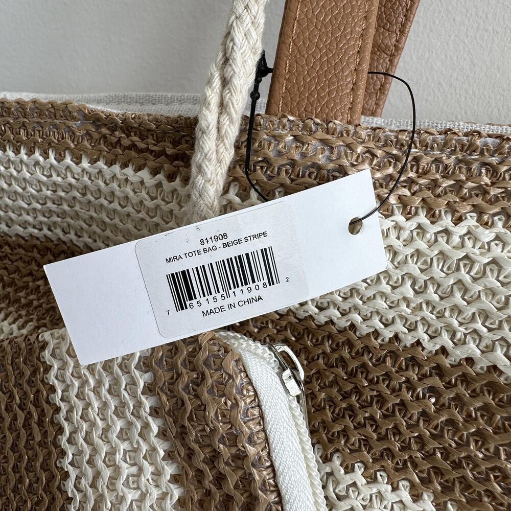 Hadley Wren Mira Tote Bag Beige Stripe Colorway Zipper Top & Bonus Wristlet NEW - Picture 12 of 12
